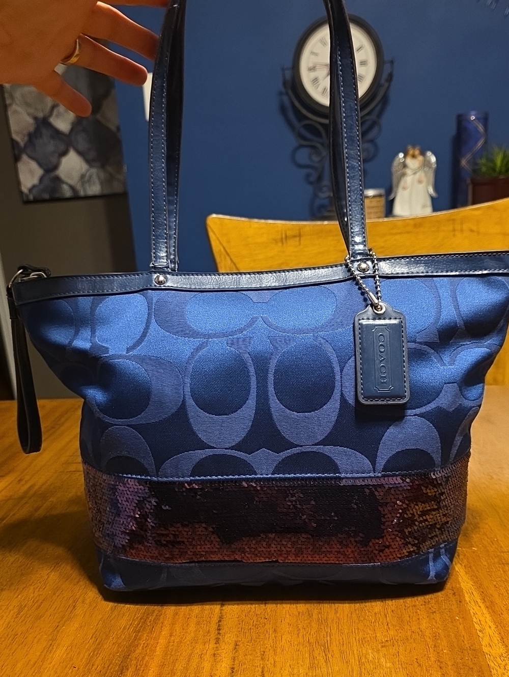 Coach Blue Sequin Stripe Signature Tote